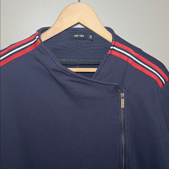 Saint + Sofia Organic Cotton Biker Jacket in Navy Red/Orange Stripe US 18 - Picture 8 of 14